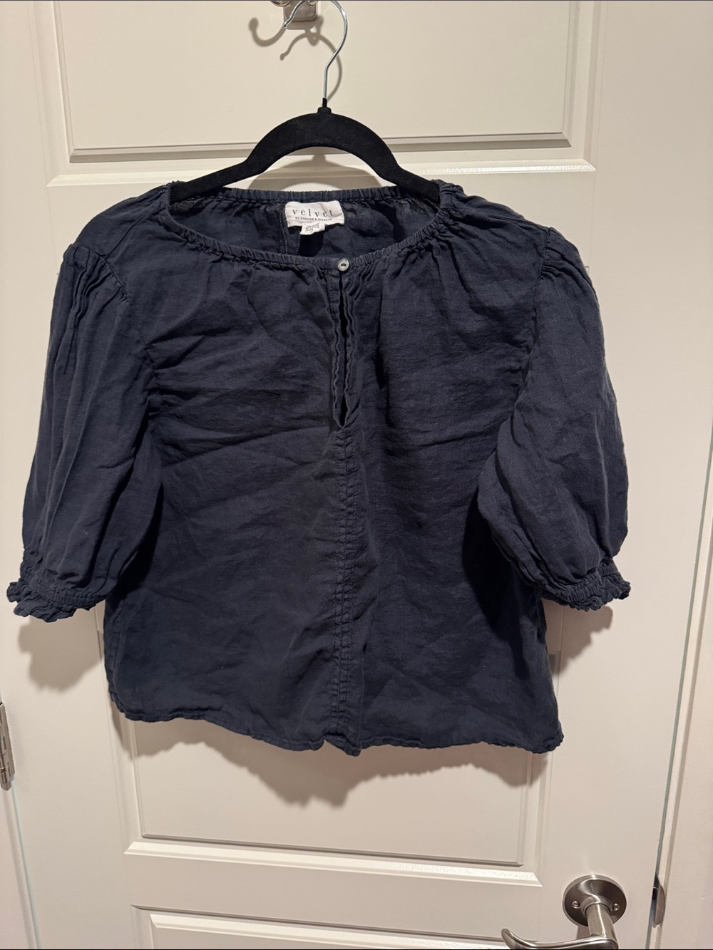 Velvet by Graham & Spencer Navy Puff-Sleeve Peasant Top Linen XS